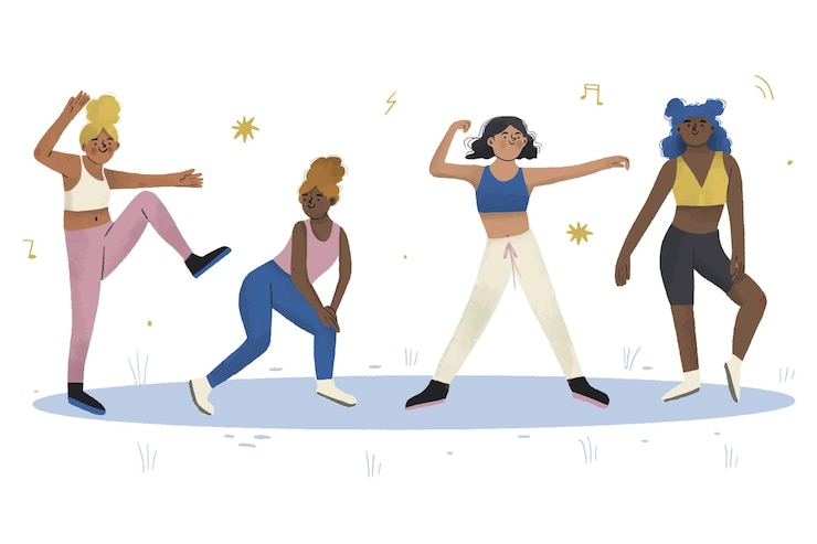 Vettore gratuito illustrazione di classe fitness danza disegnata a mano piatta