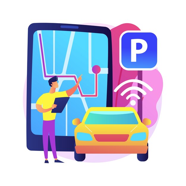 Illustrazione di concetto astratto del sistema auto di parcheggio autonomo. Sistema di parcheggio automatizzato, veicolo con parcheggio autonomo, tecnologia intelligente senza conducente, servizio di guida autonoma.