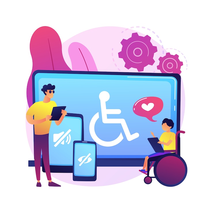 Vettore gratuito illustrazione di concetto astratto di accessibilità elettronica. accessibilità a siti web, dispositivo elettronico per disabili, tecnologia di comunicazione, pagine web regolabili.