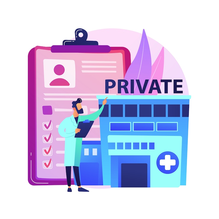 Vettore gratuito illustrazione di concetto astratto di assistenza sanitaria privata. medicina privata, assicurazione sanitaria, servizi medici a pagamento, centro sanitario, consulenza specialistica, metafora astratta della struttura clinica.