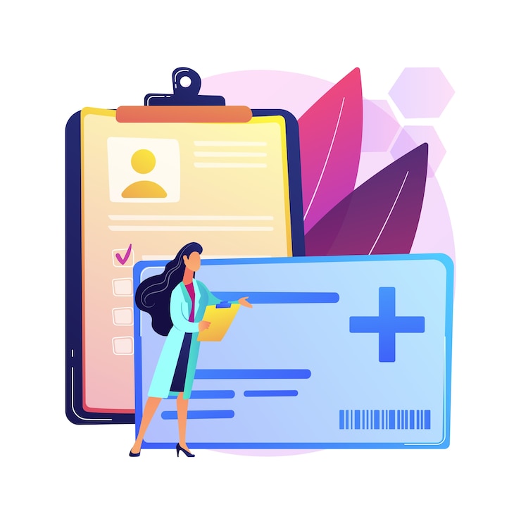 Vettore gratuito illustrazione di concetto astratto di smart card sanitaria. gestire l'identità dei pazienti, proteggere medici e farmacisti, accedere alle cartelle cliniche, migliorare la comunicazione.