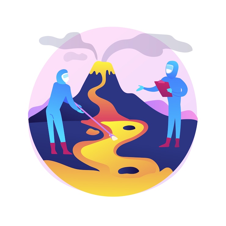 Vettore gratuito illustrazione di concetto astratto di vulcanologia. studio dell'eruzione vulcanica, disciplina vulcanologica, studio universitario, istruzione post-laurea, ricerca scientifica e previsione.