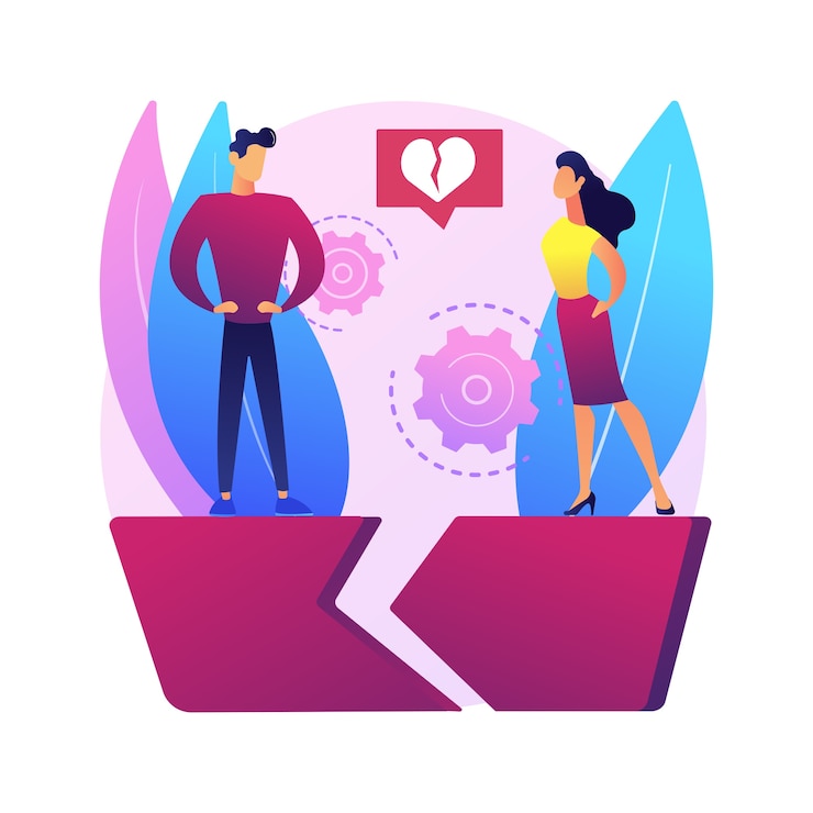 Vettore gratuito illustrazione di concetto astratto persona separata. separazione legale, coppia divisa, a parte il coniuge, rottura, accordo di divorzio, affidamento dei figli, cuore spezzato, amore delle persone.