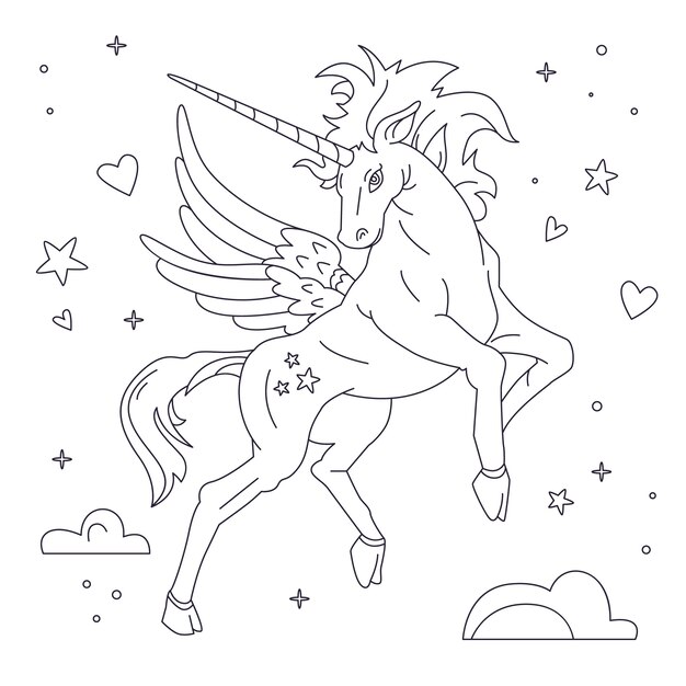 Illustrazione di contorno di unicorno disegnato a mano