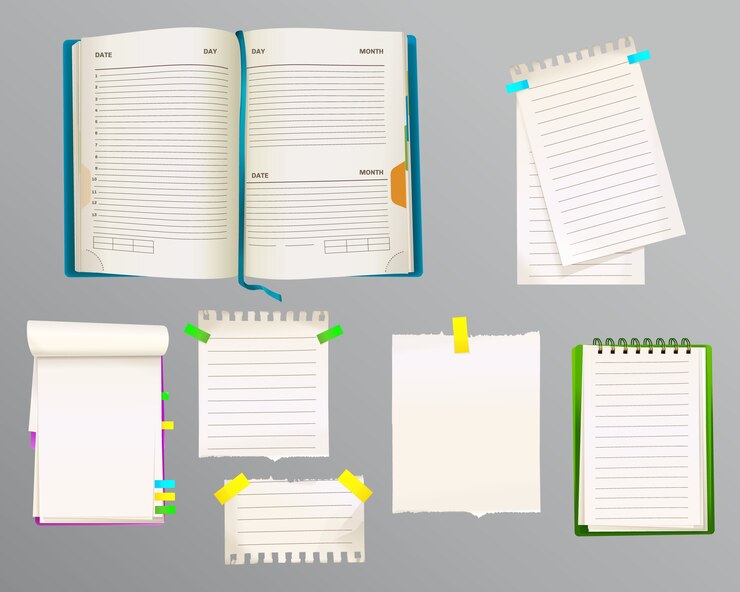 Vettore gratuito illustrazione di diario e messaggio note di fogli di carta per le note con i segnalibri