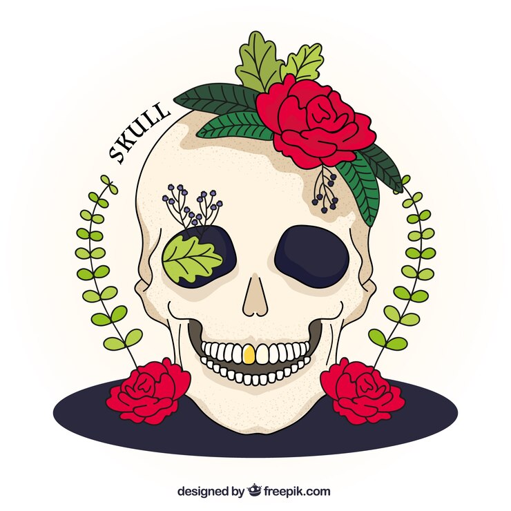 Vettore gratuito illustrazione di disegnata a mano cranio con le rose