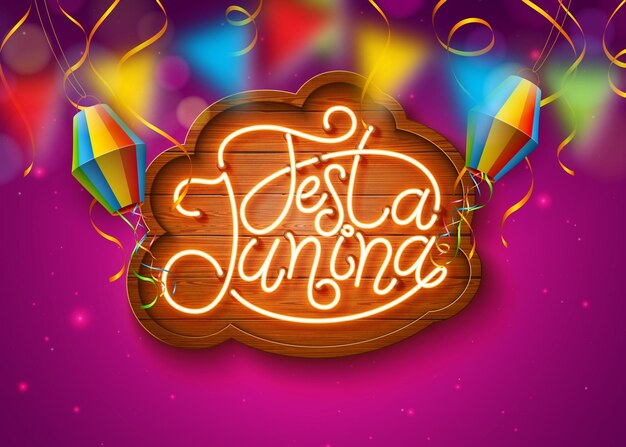 Illustrazione di Festa Junina con scritte luminose al neon e lanterna di carta su cartellone in legno