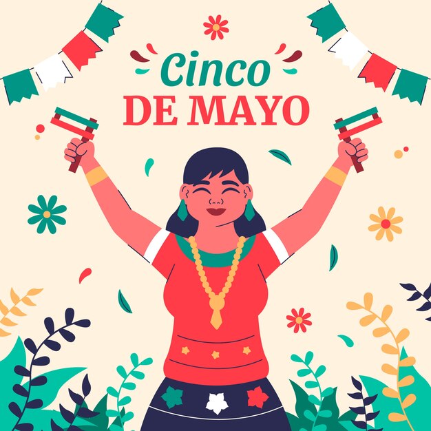 Illustrazione di Flat cinco de mayo con una donna che tiene le bandiere