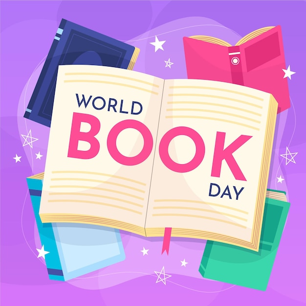 Illustrazione di giornata mondiale del libro disegnata a mano con libro aperto
