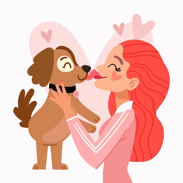 Illustrazione di giorno di bacio internazionale piatto con donna e cane