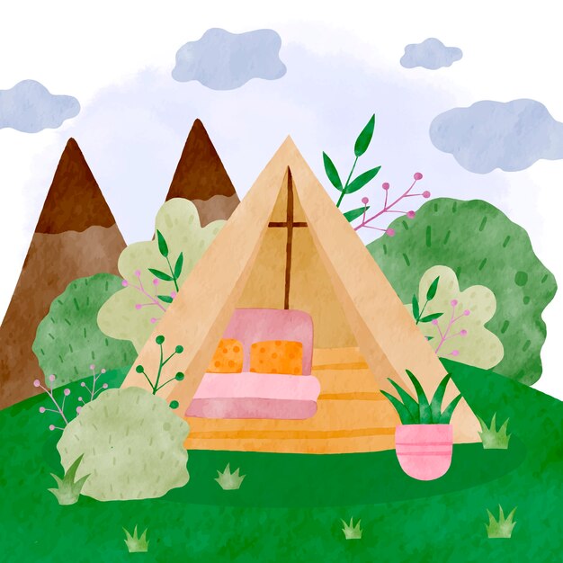 Illustrazione di glamping ad acquerello