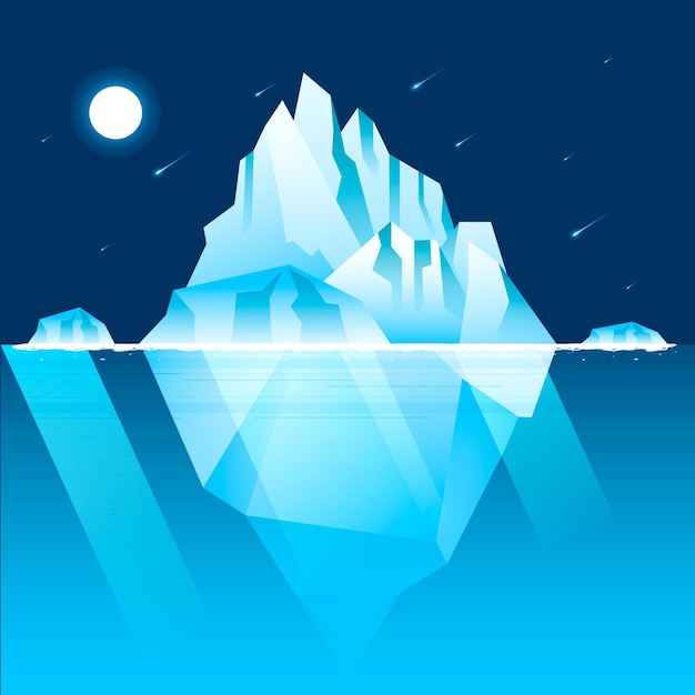 Illustrazione di iceberg con cielo notturno e stelle cadenti