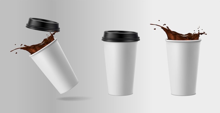 Vettore gratuito illustrazione di icone vettoriali realistiche 3d coppe di caffè di carta aperte e chiuse con spruzzo di caffè