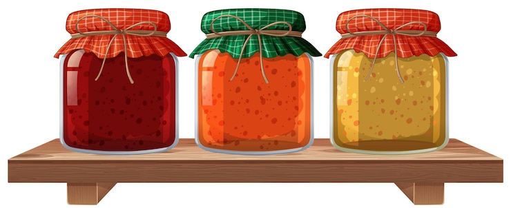 Vettore gratuito illustrazione di marmellate assortite su scaffali di legno