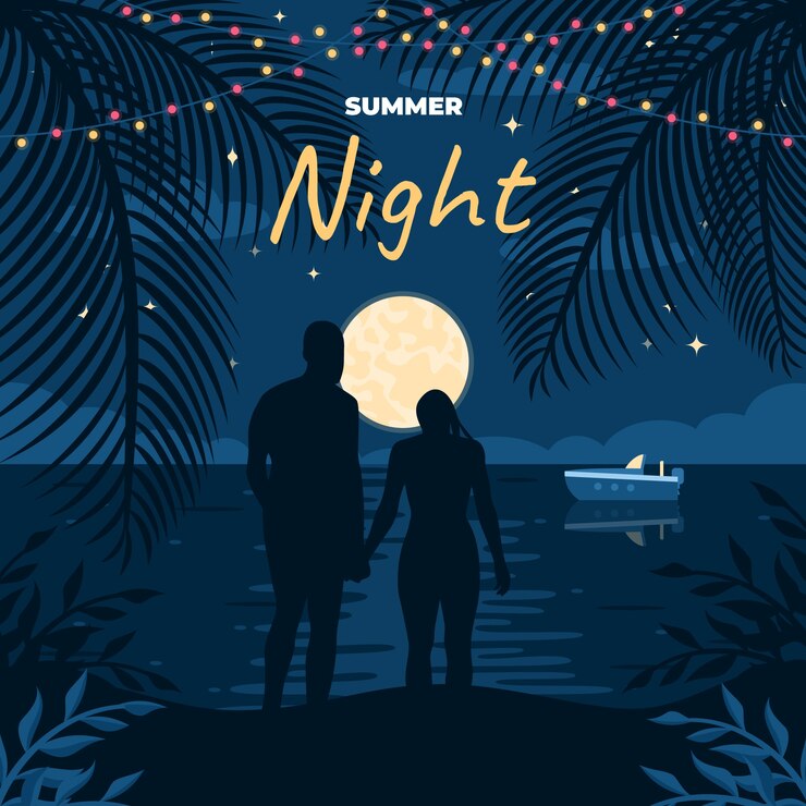 Vettore gratuito illustrazione di notte d'estate disegnata a mano in spiaggia