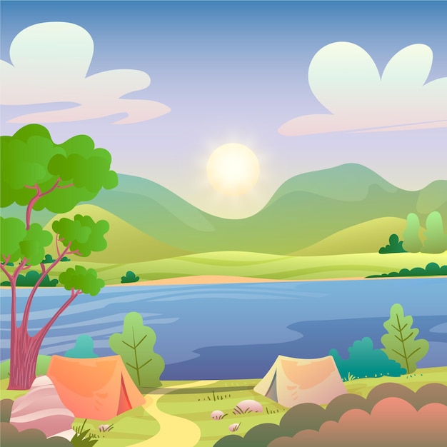 Illustrazione di paesaggio di area di campeggio con il lago