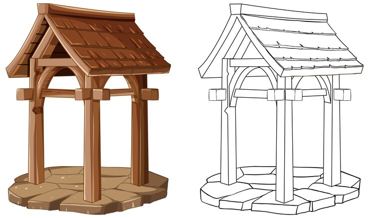 Vettore gratuito illustrazione di pozzo di legno a colori e a righe