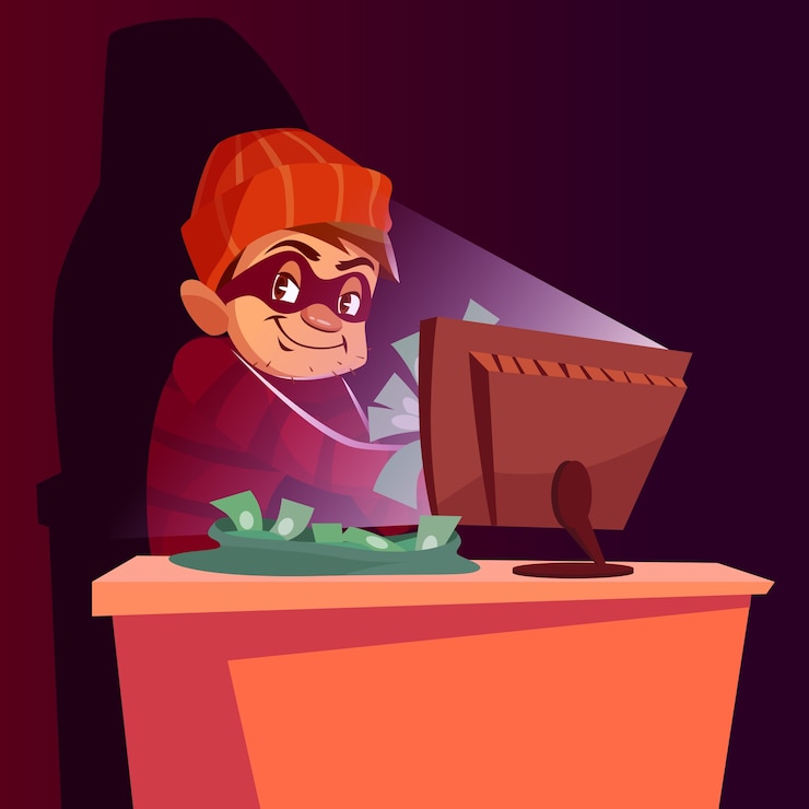 Vettore gratuito illustrazione di scammer del computer della truffa del pirata informatico di internet.
