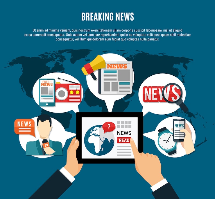 Vettore gratuito illustrazione di ultime notizie con nuove informazioni su tablet schermo tv ancora giornale e ricevitore radio simboli rotondi