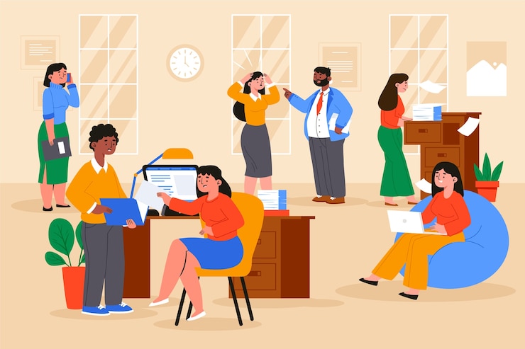 Vettore gratuito illustrazione di un ufficio affollato disegnata a mano