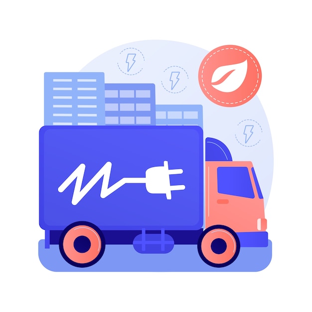 Illustrazione di vettore di concetto astratto di camion elettrici. Logistica ecologica, trasporto moderno, motore elettrico, camion alimentato a batteria, metafora astratta del veicolo di consegna del carico sostenibile.