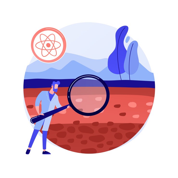 Vettore gratuito illustrazione di vettore di concetto astratto di scienza del suolo. biologia e chimica del suolo, scienze ambientali, studio delle risorse naturali, proprietà della fertilità, gestione del territorio, metafora astratta della pedologia.
