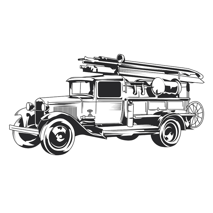 Vettore gratuito illustrazione disegnata a mano del camion dei pompieri dell'annata isolata.