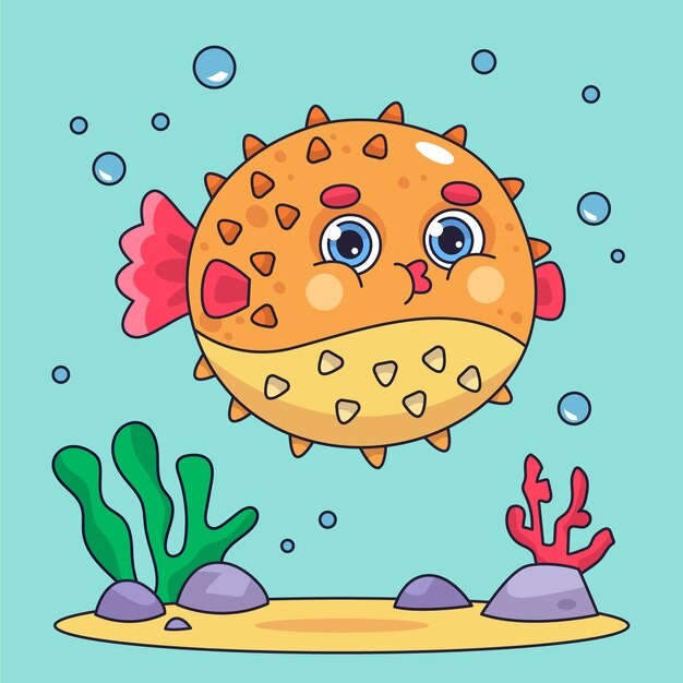 Illustrazione disegnata a mano del fumetto del pesce palla