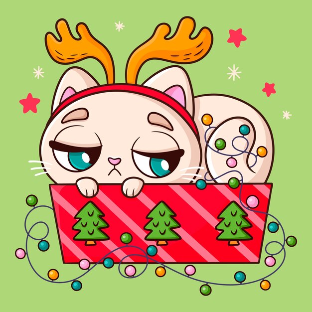 Illustrazione disegnata a mano del fumetto di natale con il gatto in una scatola con luci