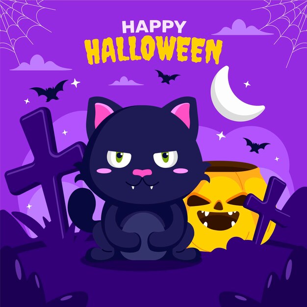 Illustrazione disegnata a mano del gatto di halloween piatto