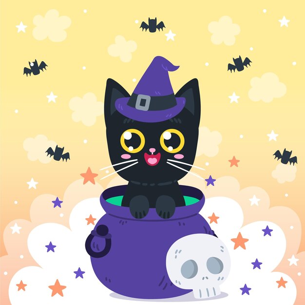 Illustrazione disegnata a mano del gatto di halloween piatto