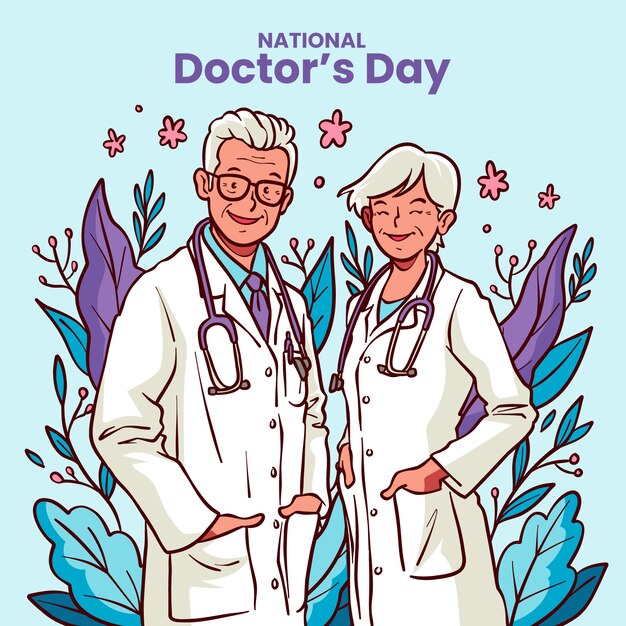 Illustrazione disegnata a mano del giorno del medico nazionale con i medici più anziani