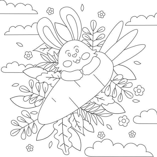 Illustrazione disegnata a mano del libro da colorare del coniglietto
