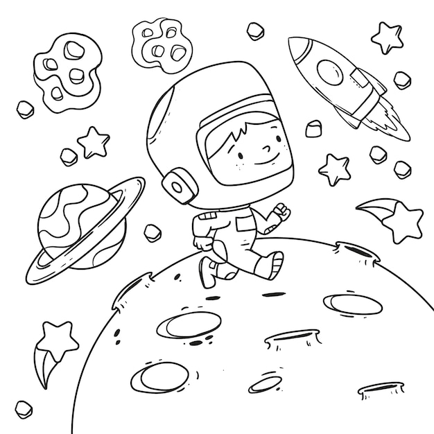 Illustrazione disegnata a mano del libro da colorare dell'astronauta