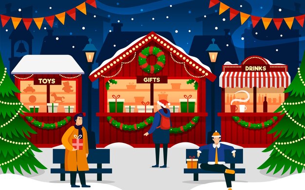 Illustrazione disegnata a mano del mercatino di natale piatto