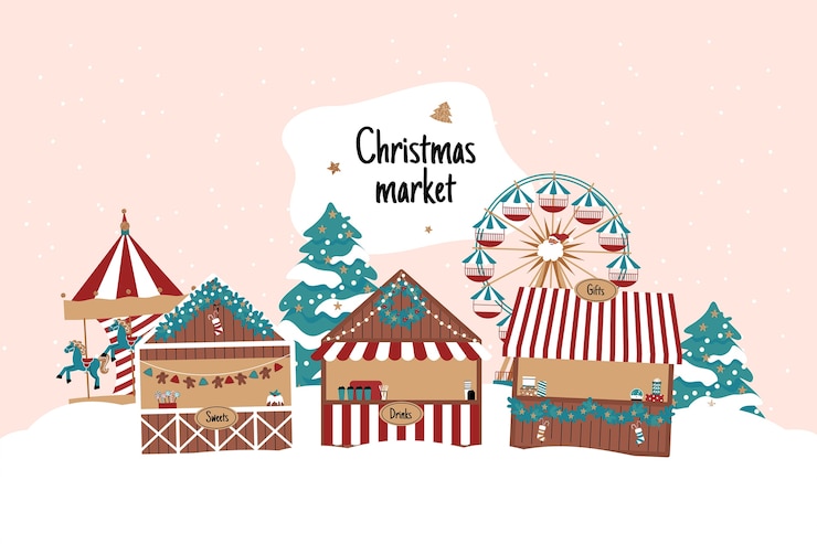 Vettore gratuito illustrazione disegnata a mano del mercatino di natale