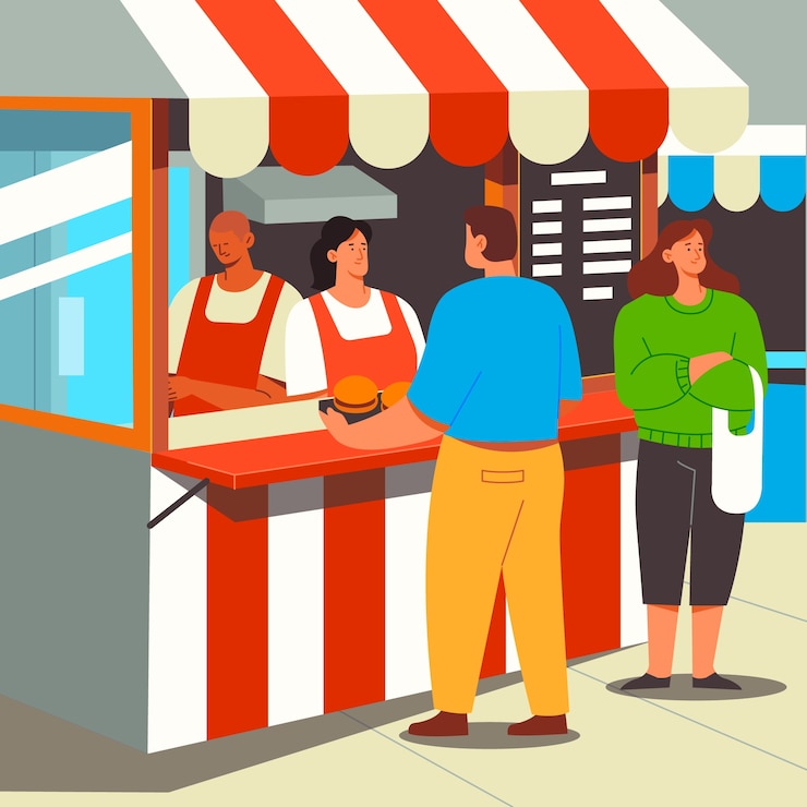 Vettore gratuito illustrazione disegnata a mano del mercato del cibo di strada
