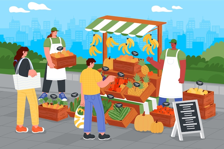 Vettore gratuito illustrazione disegnata a mano del mercato del cibo di strada