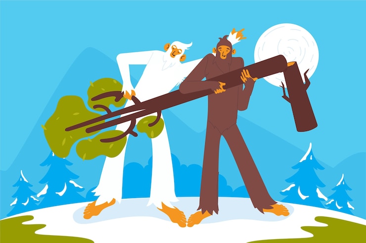 Vettore gratuito illustrazione disegnata a mano del pupazzo di neve di bigfoot sasquatch e yeti adominable