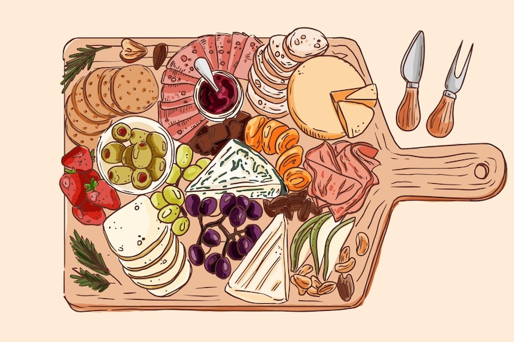Vettore gratuito illustrazione disegnata a mano del vassoio dei formaggi