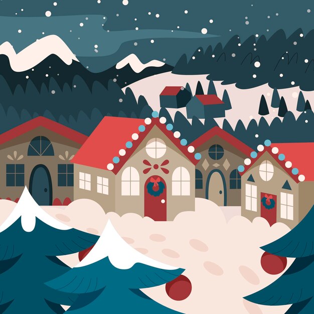 Illustrazione disegnata a mano del villaggio di natale piatto