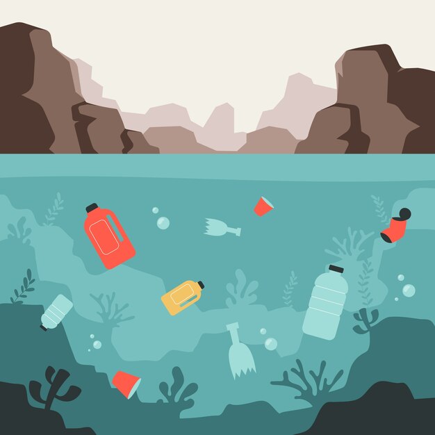 Illustrazione disegnata a mano dell'inquinamento di plastica dell'oceano