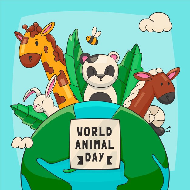 Illustrazione disegnata a mano della giornata mondiale degli animali con gli animali