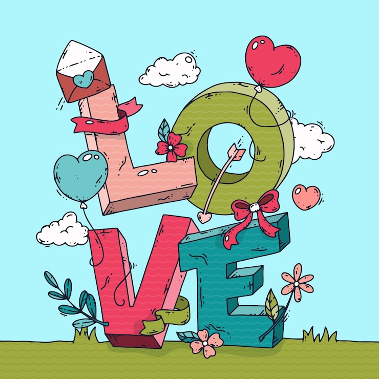 Vettore gratuito illustrazione disegnata a mano della parola amore per san valentino