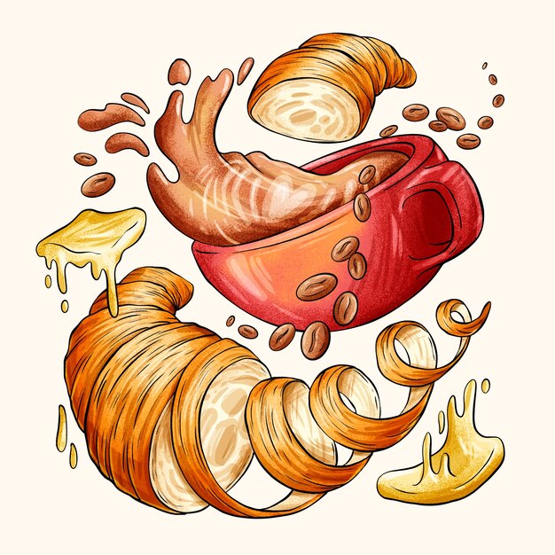 Illustrazione disegnata a mano di caffè e cibo