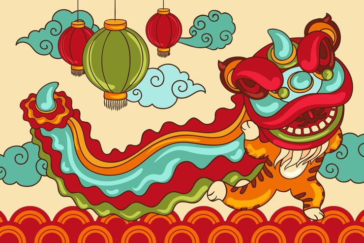 Vettore gratuito illustrazione disegnata a mano di danza del leone del nuovo anno cinese