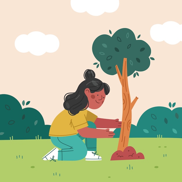 Illustrazione disegnata a mano di piantagione di alberi di design piatto