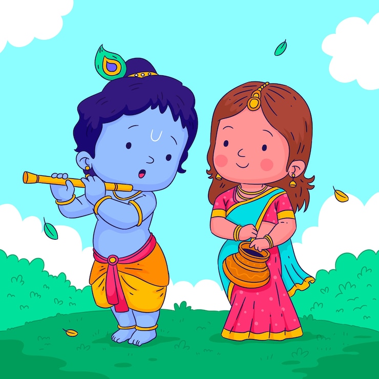 Vettore gratuito illustrazione disegnata a mano di radha e krishna