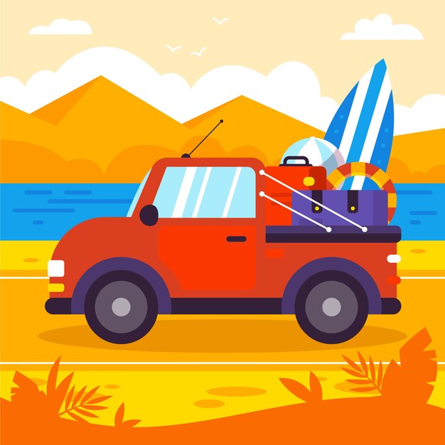 Illustrazione disegnata a mano di un'auto estiva