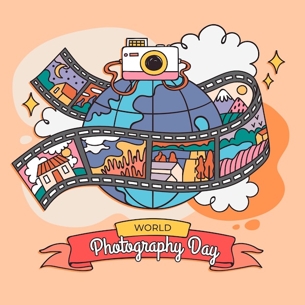 Illustrazione disegnata a mano per la celebrazione della Giornata Mondiale della Fotografia